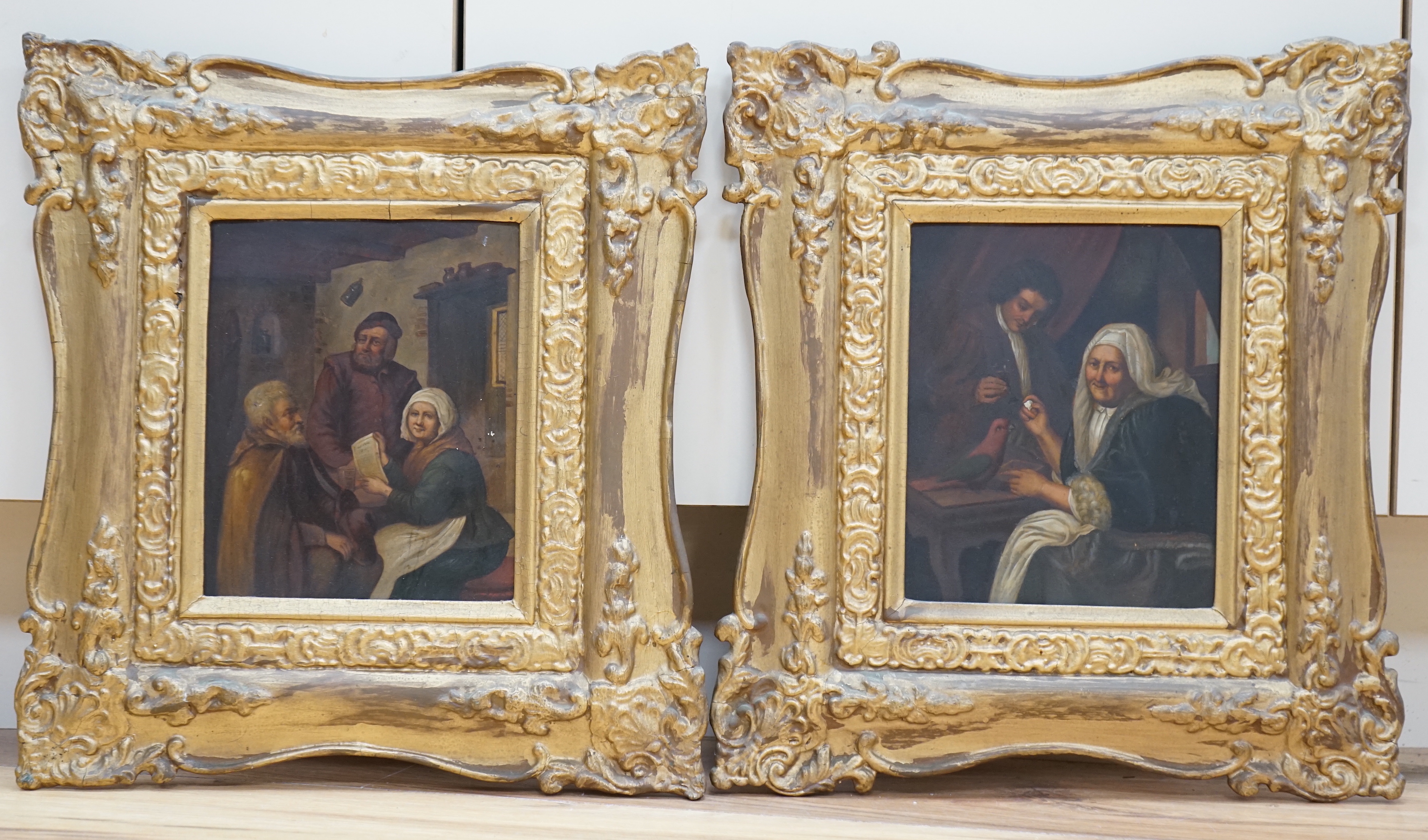 19th century German School, pair of oils on zinc, Interior scenes with figures, unsigned, 19 x 16cm, ornate gilt framed